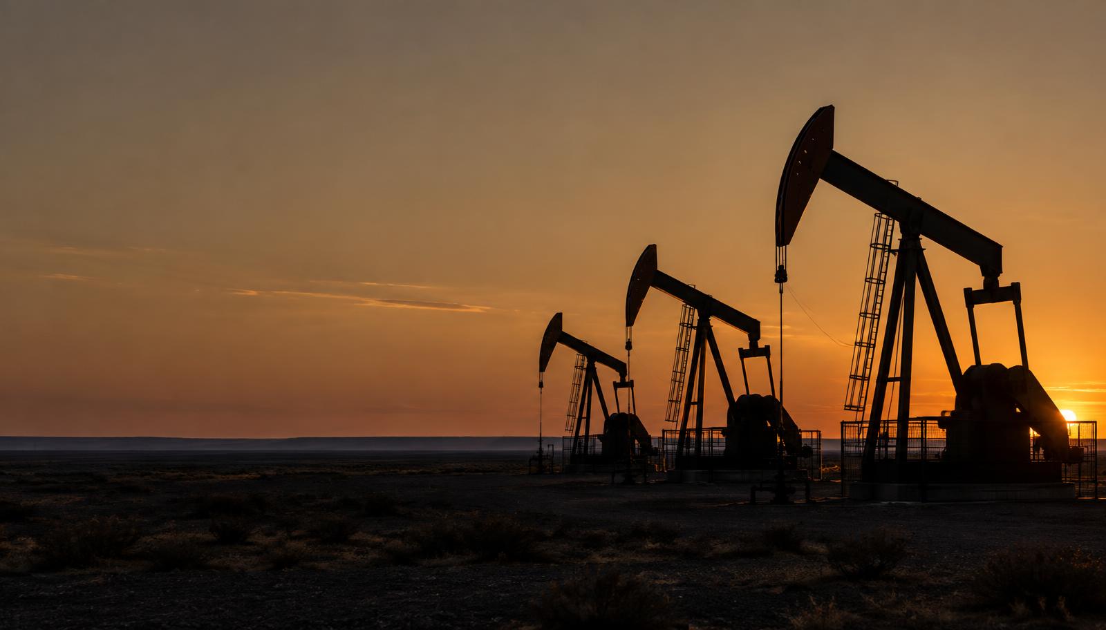 Oil pumpjacks across the West Texas landscape at dusk